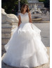 Beaded White Lace Tulle Ruffled Horsehair Hem Wedding Dress